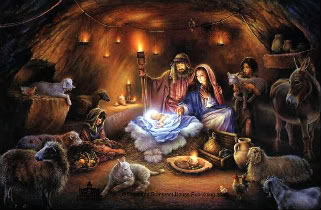 Nativity scene in a torch-lit cave.