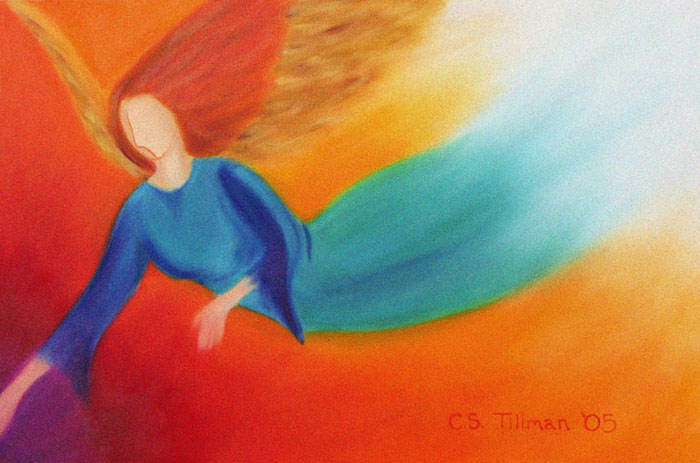 Painting of an angel in a blue gown, streaming through a bright sky.  Painting by C. S. Tillman